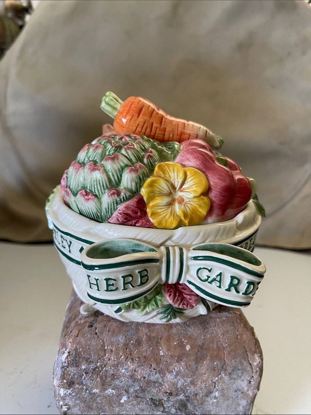 Fitz and Floyd Herb Garden Ceramic Bowl in Green, Yellow, Pink, Orange, Cream